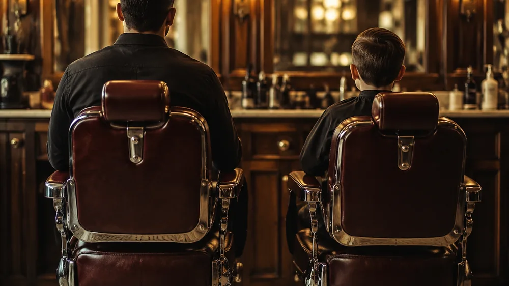 Father and son in barber chairs at Styles Barber Shop